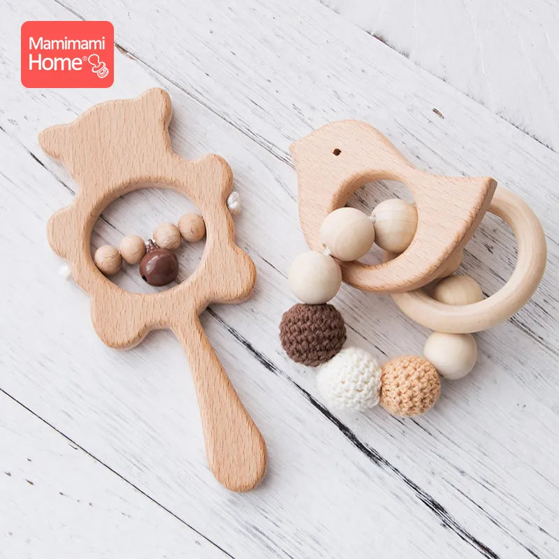 1Set Baby Toys Music Rattle Wood Crochet Bead Bracelet Wooden Rodent Chew Play Gym Montessori Baby Teether Products Newborn Gift - Bebe Kool