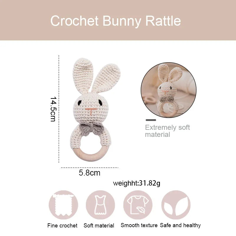 1PC Baby Ratter Toys Wooden Teether Crochet Animals BPA Free Rattle Toy Newborn Amigurumi Teether Baby Rattles Gifts For Newborn - Bebe Kool