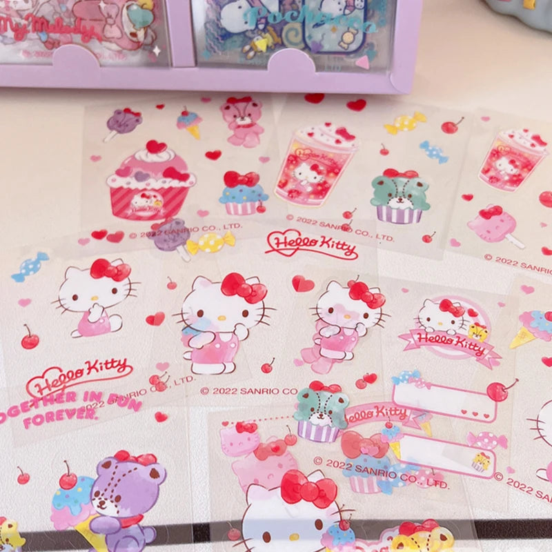 60Sheet/Box Sanrio Sticker Kawaii Hello Kitty Kuromi Cinnamoroll Melody Hand Account Material Decoration DIY Stickers Kids Toys - Bebe Kool