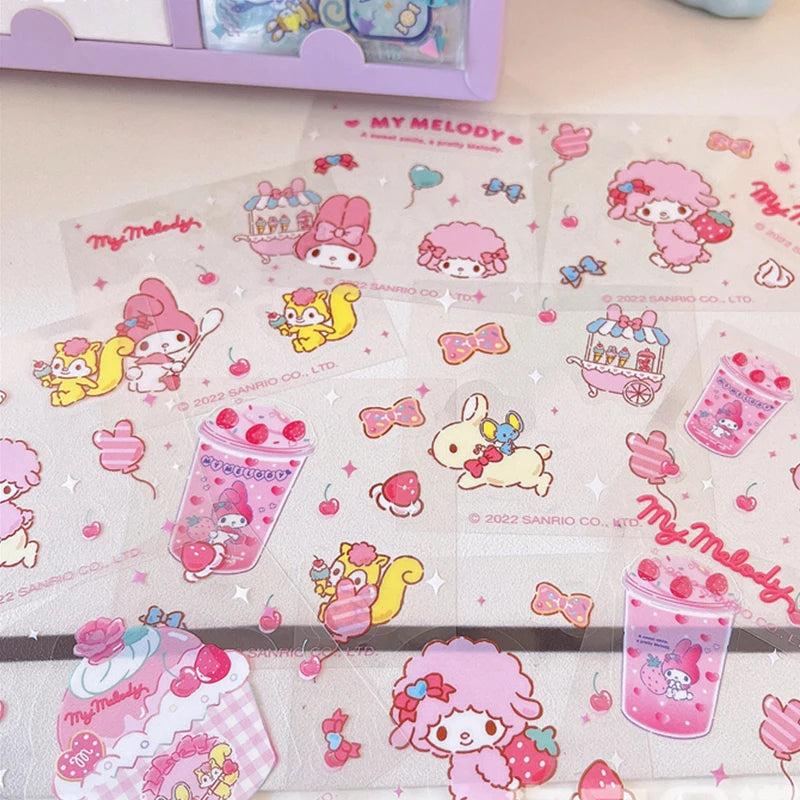 60Sheet/Box Sanrio Sticker Kawaii Hello Kitty Kuromi Cinnamoroll Melody Hand Account Material Decoration DIY Stickers Kids Toys - Bebe Kool