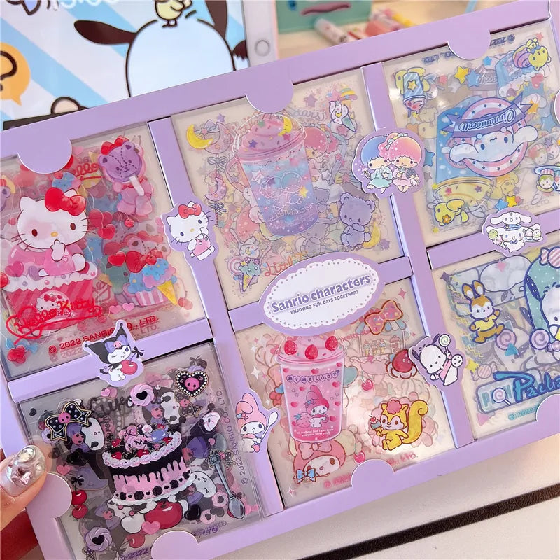 60Sheet/Box Sanrio Sticker Kawaii Hello Kitty Kuromi Cinnamoroll Melody Hand Account Material Decoration DIY Stickers Kids Toys - Bebe Kool