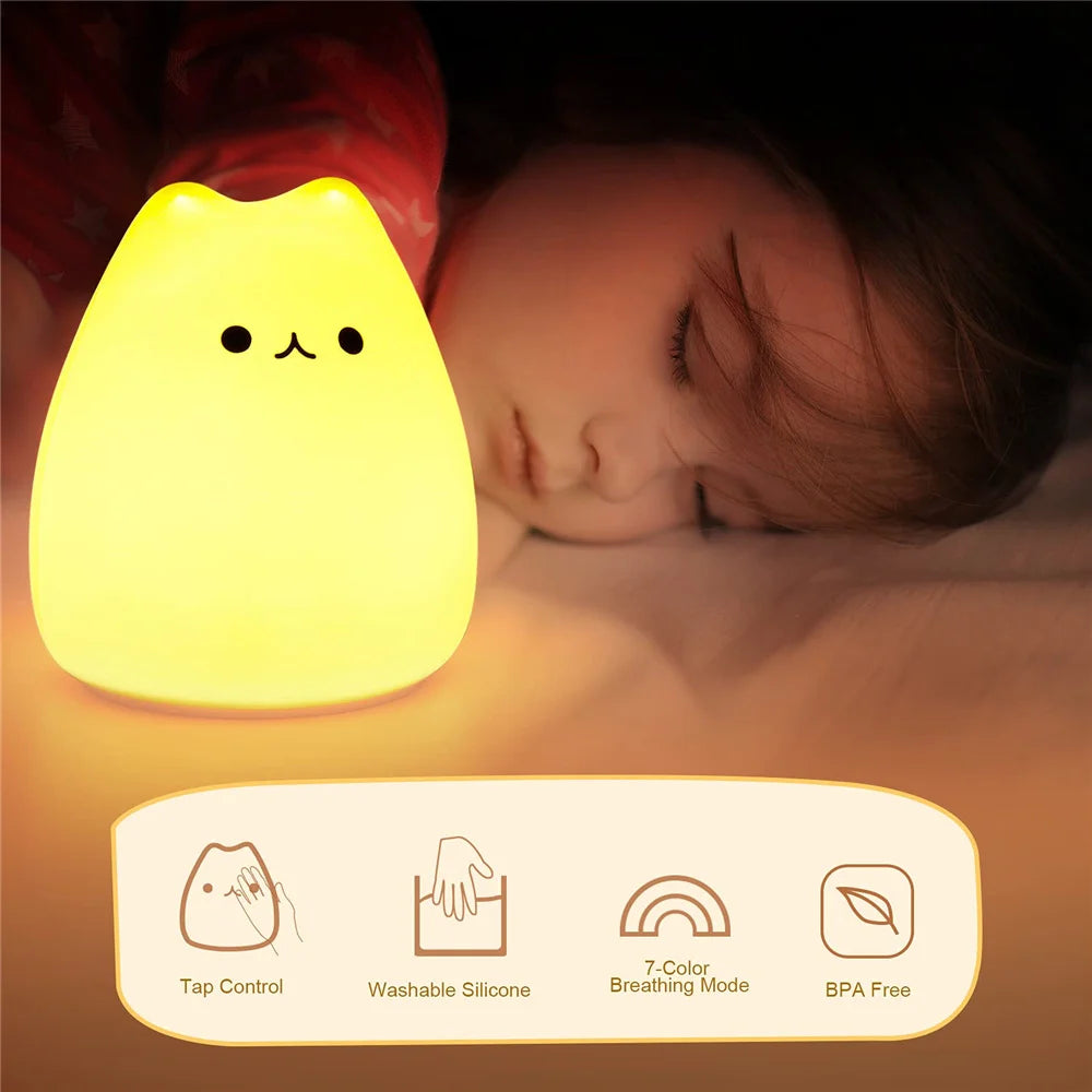 Girls Bedroom Kitty Night Light Cute Cat Lamp Birthday Gift Kids Baby Toddler Teen Silicone Kawaii Nightlight Nursery Room Decor - Bebe Kool