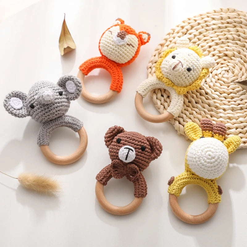 1pc Baby Teether Music Rattles for Kids Animal Crochet Rattle Elephant Giraffe Ring Wooden Babies Gym Montessori Children's Toys - Bebe Kool