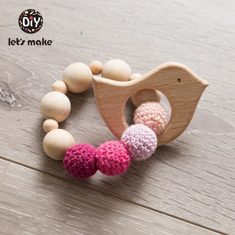 Let's Make Wood Teether Baby Bed Hanging Rattles Toy Make Noise Bird Elephant Shape Crochet Beads Bracelet Pram Clip Baby Rattle - Bebe Kool