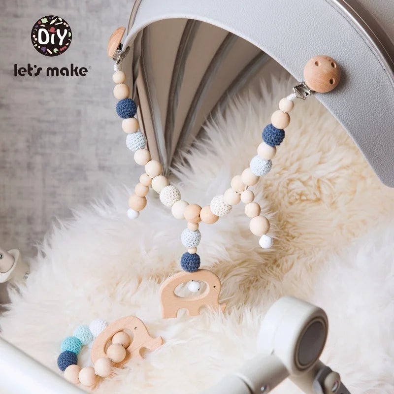 Let's Make Wood Teether Baby Bed Hanging Rattles Toy Make Noise Bird Elephant Shape Crochet Beads Bracelet Pram Clip Baby Rattle - Bebe Kool